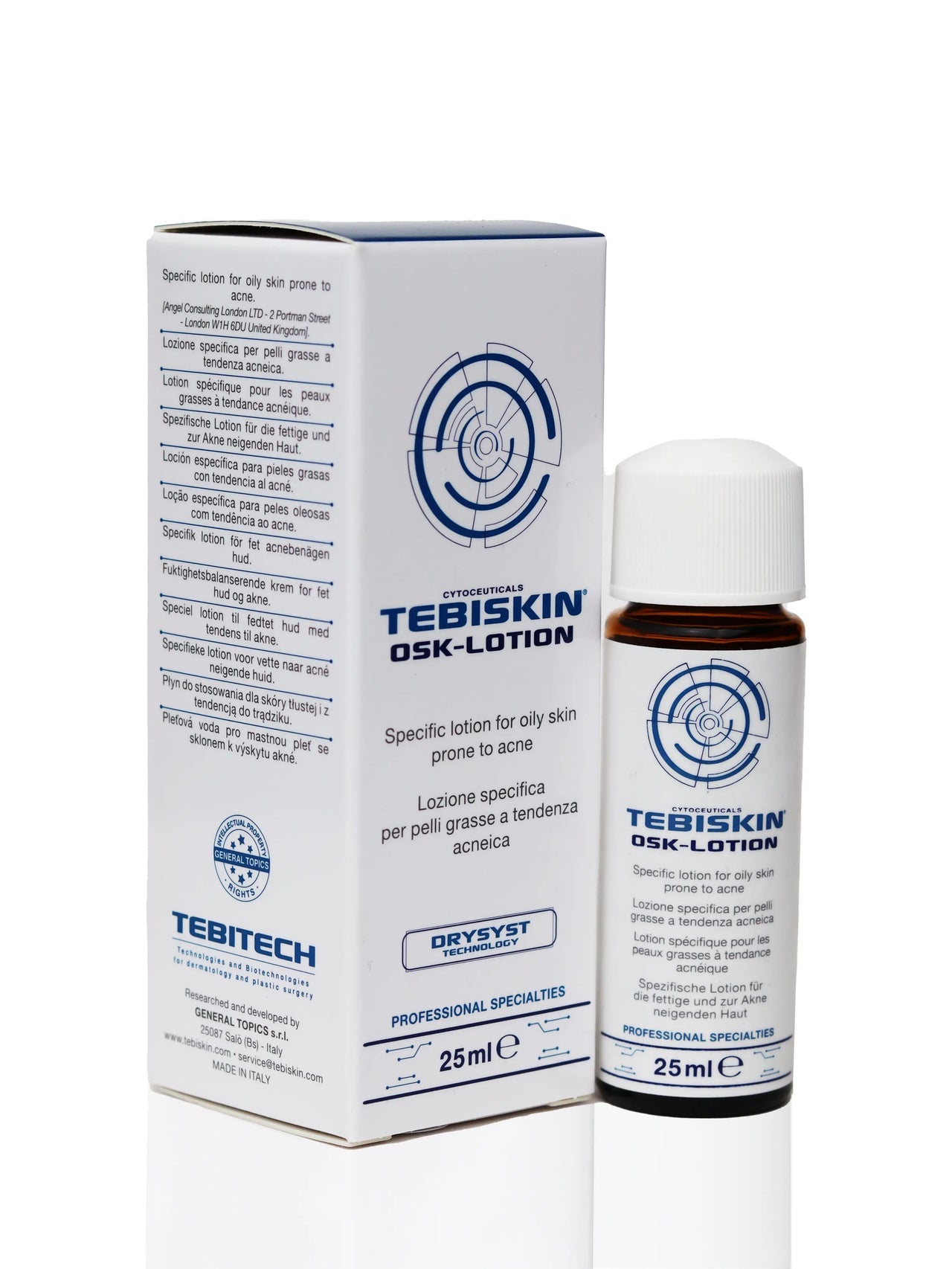 Lokali TEBISKIN OSK-LOTION priemonė aknei su trietilo citratu, GT peptidu-10 ir salicilo rūgštimi, riboja sebumo perprodukciją, mažina spuogų atsiradimą ir drėkina odą – heyskin.lt