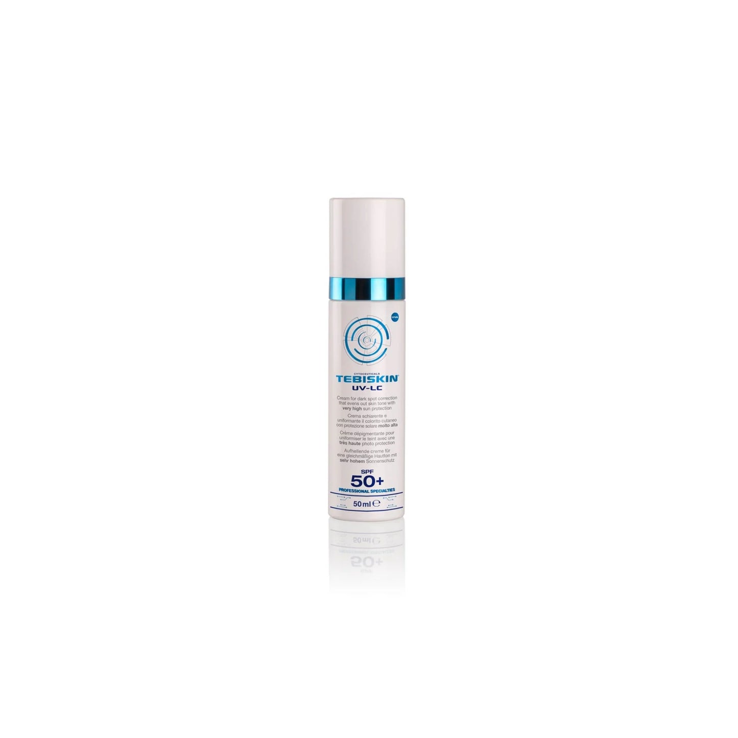 Tebiskin UV-LC SPF 50+ šviesinantis kremas nuo pigmentacijos su aukšta apsauga.