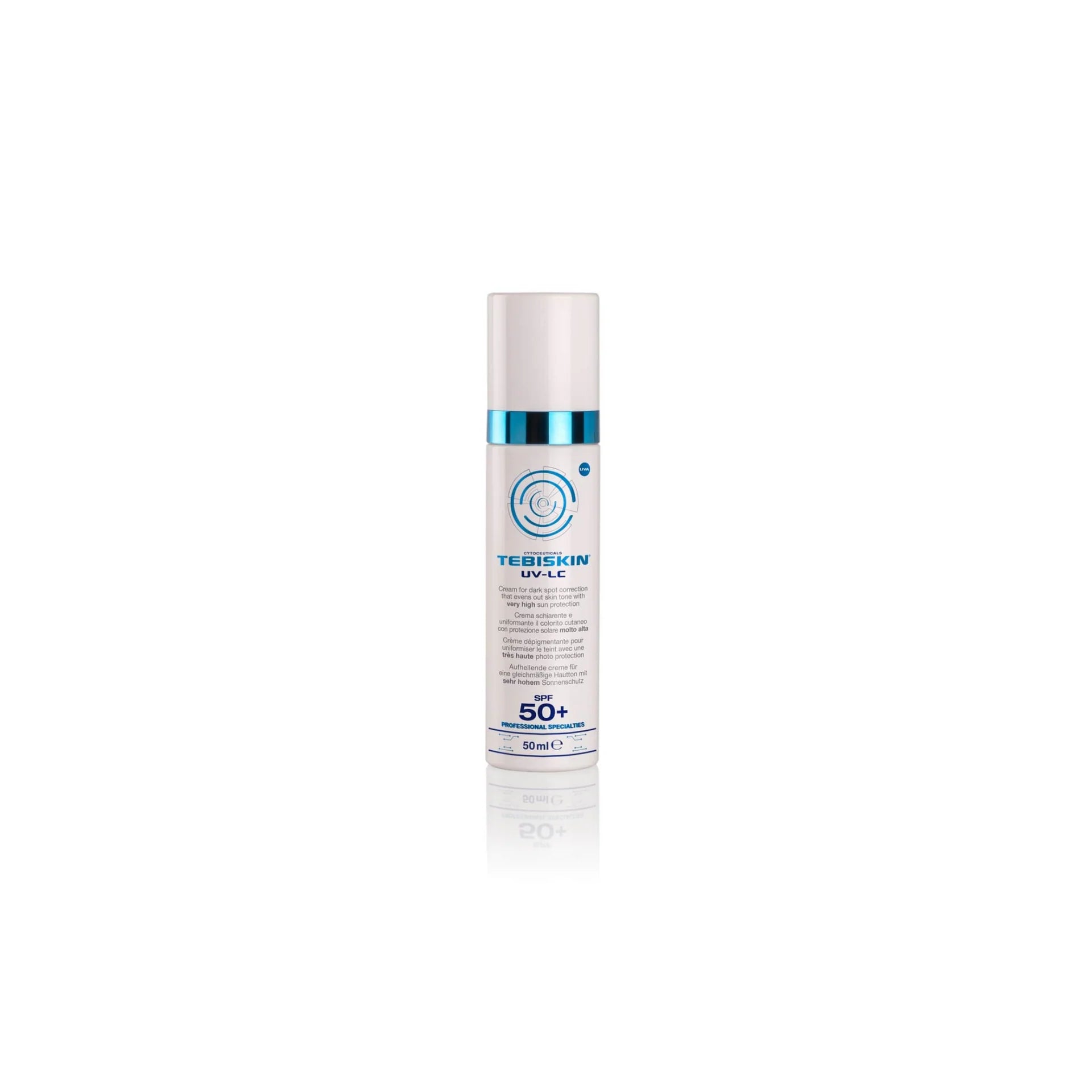 Tebiskin UV-LC SPF 50+ šviesinantis kremas nuo pigmentacijos su aukšta apsauga.